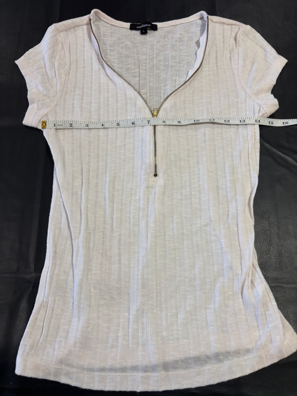 Ambiance Pale Pink Ribbed Zip-Front Short Sleeve Top